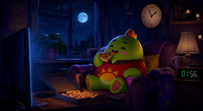 A digital illustration depicts a cute green dinosaur character wearing a red shirt, sitting in a purple armchair and eating pizza in a cozy room at night, with a full moon visible through the window and a clock on the wall.