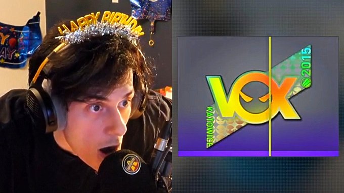 A YouTuber wearing a "Happy Birthday" tiara and headphones reacts with surprise while opening a Katowice 2015 Challenger capsule, with the colorful "VOX Katowice 2015" logo displayed prominently on screen, perfectly capturing the celebratory birthday stream moment.