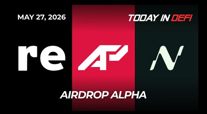 The image features a poster with three logos, each representing a different company or project related to airdrops. The first logo displays "re" followed by "airdrop Alpha", indicating that there are two airdrop projects being promoted simultaneously. The second logo shows "Ai" and "N" written in white letters, which could represent the names of the companies behind these projects. The third logo is a combination of red and black colors with the words "Today In Defi". This might be an advertisement for a cryptocurrency or token related to the airdrop projects.