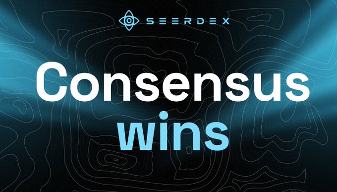 A graphic with the SEERDEX logo at the top and the text 'Consensus wins' displayed in large white and light blue letters against a dark, topographical blue background.