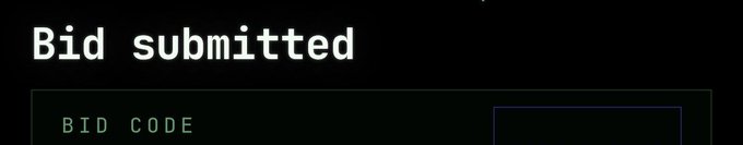 A simple black screen with white text reading 'Bid submitted' and a 'BID CODE' label.
