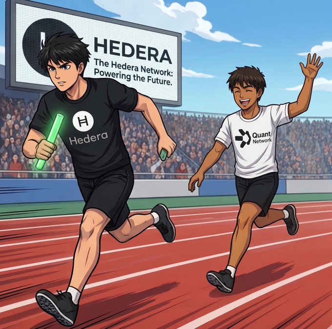 Anime-style illustration of two runners on a track, the leader wearing a black Hedera shirt holding a green baton, with a 'HEDERA - The Hedera Network: Powering the Future' billboard in the background.
