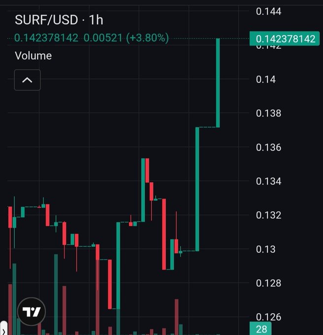 Candlestick chart of SURF/USD on a 1-hour timeframe, showing price at 0.142378142 with a +3.80% gain, displayed on a TradingView-style platform.