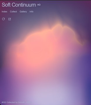 A digital artwork displayed in the "Soft Continuum ∞" gallery interface by #022 Collective, featuring a soft gradient of purple, pink, and orange tones that resembles a glowing cloud or light source, with navigation options for Index, Collect, Gallery, and Info—showcasing how Verse's technology allows artists to mint generative or AI-generated artworks directly on their own or gallery platforms with easy Claude integration.