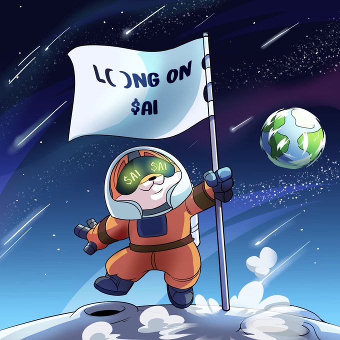 An astronaut on the moon plants a flag reading "LONG ON $AI" while giving a thumbs up, set against a starry sky with Earth in the distance—visually capturing the bullish "Welcome to the PvE cycle" message for $AI.