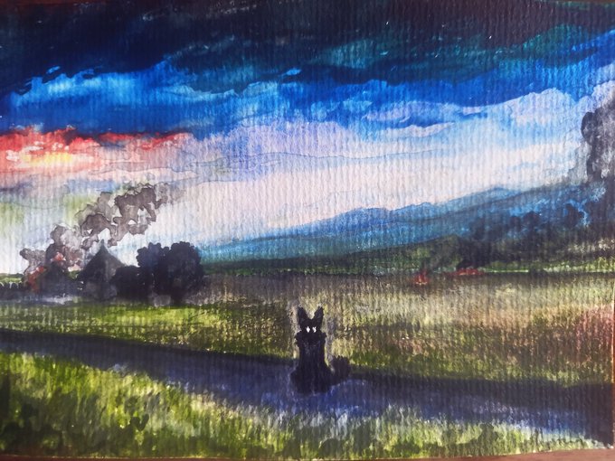 A loose, atmospheric watercolor or digital painting portrays a small black dog sitting in a grassy field, looking toward the viewer under a dramatic sky filled with blue and reddish clouds.