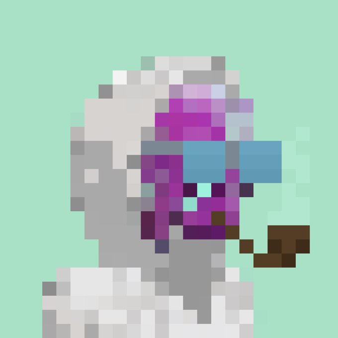 Pixel art of a character with a blue visor and white hair holding what appears to be a smoking pipe, on a mint green background.