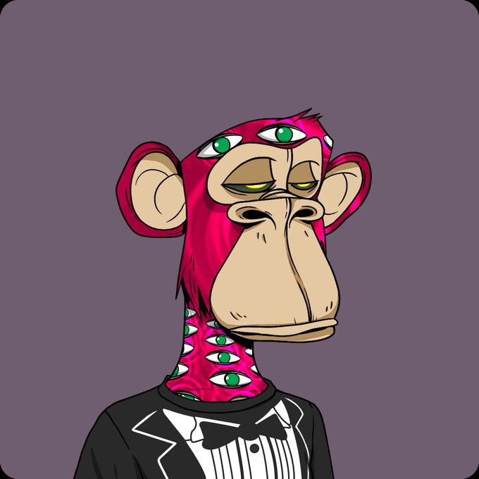 A cartoon illustration of a Bored Ape-style monkey NFT with pink fur and green eyes, wearing a black tuxedo jacket and bow tie against a gray background.