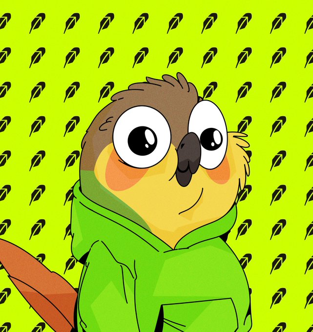A cartoon pigeon with big eyes wearing a green hoodie against a lime green background patterned with feather icons, fitting the playful NFT mint announcement asking "Wen r00st?" for the limited collection of 2,500 pigeons.