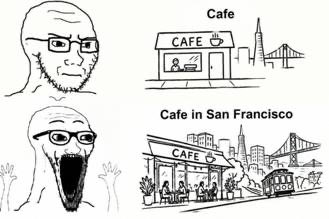 Black-and-white meme contrasting two scenes: top shows a normal 'Cafe' with a regular-looking person, while bottom shows an exaggerated 'Cafe in San Francisco' with a screaming figure and a San Francisco skyline.