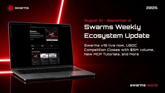 A promotional banner with red lighting showing a laptop displaying 'Swarms Marketplace', with text 'August 31 - September 6, Swarms Weekly Ecosystem Update, Swarms v1.5 live now, USDC Competition Closes with $5M volume, New MCP Tutorials, and More', and 'swarms.world'.