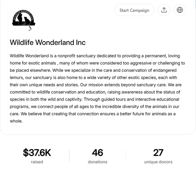 The image displays a campaign page for "Wildlife Wonderland Inc," a nonprofit sanctuary for exotic animals, which has raised $37.6K from 46 donations by 27 unique donors. The post references the impressive fundraising achievement, highlighting the near $40K raised in just 4 days for the $WW charity through Capital Markets.