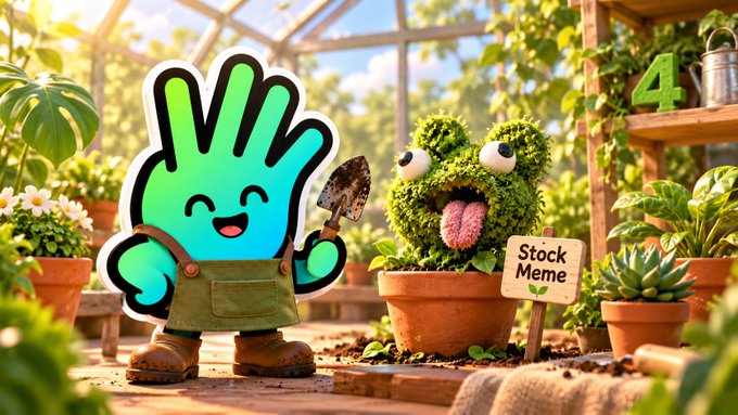 A cheerful green cartoon hand character holding a trowel and a "Stock Meme" sign stands in a sunlit greenhouse next to a cute mossy topiary creature with a goofy face. The image ties the "Stock Meme" tag to a literal stocky (plant-filled) setting, complementing the "Stock by nature. Meme by accident." caption and the "#Four #FourCommunity" hashtags.