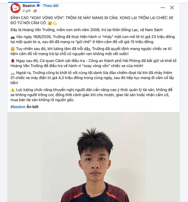 A Vietnamese-language news post from 'Beatvn' details the arrest of a teenager named Hoàng Văn Trường for a 'carousel' motorbike theft scheme, illustrated with a photo of the suspect.