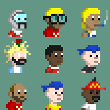 A collection of nine pixel art character portraits featuring diverse avatars with different hairstyles, accessories, and skin tones arranged in a 3x3 grid.