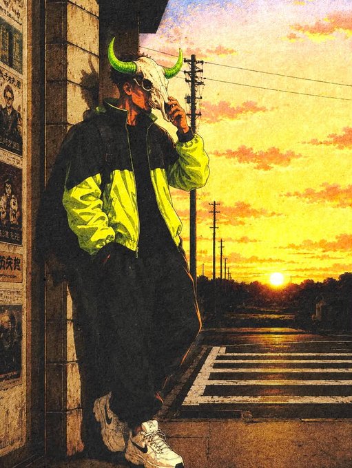 A figure wearing a horned mask and neon green-accented jacket leans against a wall at sunset, embodying a confident, bullish "GM $ANSEM bulls" stance. The vibrant sky and Nike sneakers reinforce the meme's hype-energy vibe.