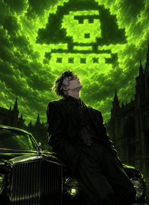 Anime-style artwork shows a pale character with white hair looking up at a green sky featuring a pixelated skull-like cloud formation, with gothic architecture and a luxury car below.