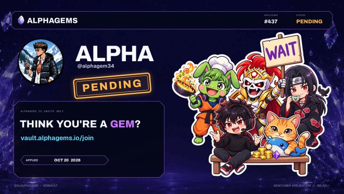 ALPHAGEMS application page for user 'Alpha' (@alphagem34) showing status 'PENDING' with link vault.alphagems.io/join and applied date Oct 20, 2026.
