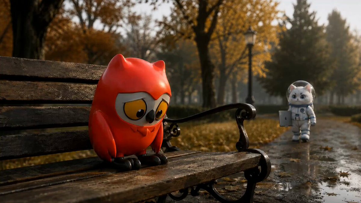 The image features a wooden bench situated in an autumn park setting. On the bench, there are two toy animals - one red (an owl) and one white (a cat). The red owl appears sad or lonely while sitting alone on the bench, with its head resting on its hand. In contrast, the white cat is walking away from the bench towards a tree in the background.
