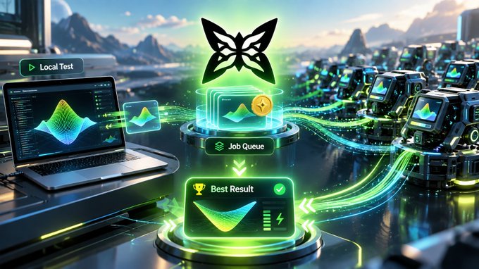 A futuristic digital illustration showing a laptop running a 'Local Test' connected to a network of computers, with glowing green elements labeled 'Job Queue' and 'Best Result' and a central butterfly-like logo.
