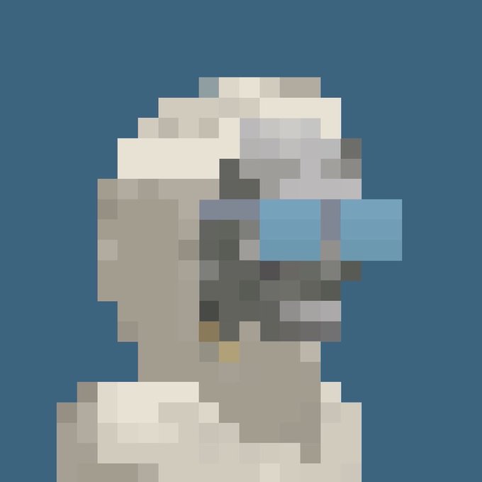 A highly pixelated, abstract portrait of a head or helmet with a blue visor against a solid dark teal background.