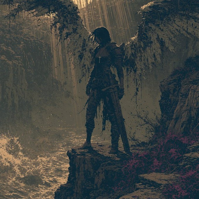 A dark fantasy illustration of a lone warrior with a sword standing on a cliff overlooking a misty, rain-soaked gorge.