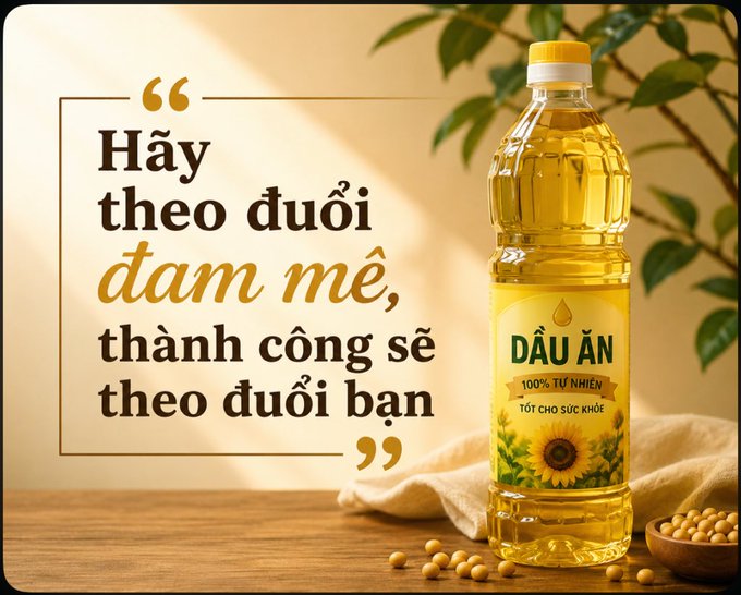 A Vietnamese advertisement for cooking oil with a sunflower on the label, featuring the text 'DẦU ĂN 100% TỰ NHIÊN TỐT CHO SỨC KHỎE' alongside a motivational quote: 'Hãy theo đuổi đam mê, thành công sẽ theo đuổi bạn.'