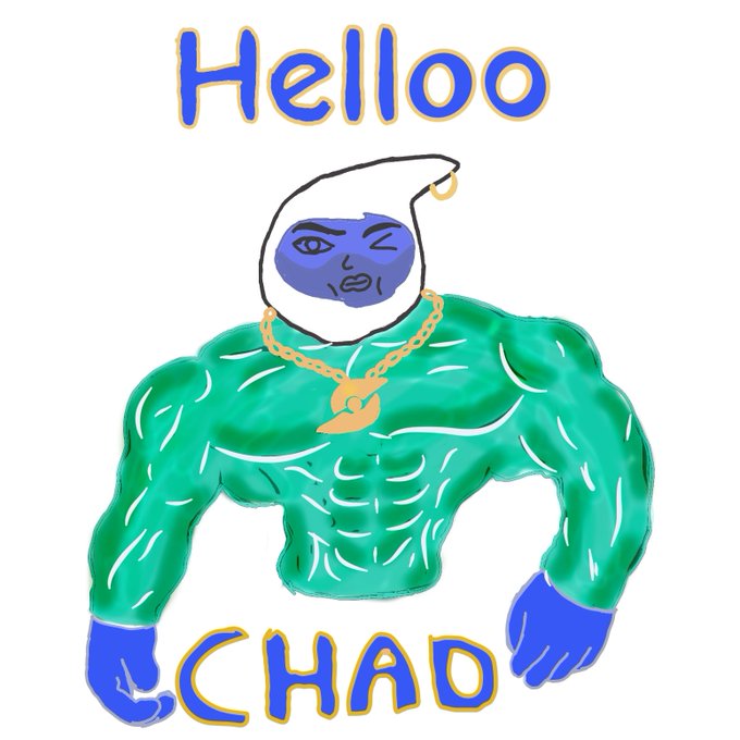 The image features a muscular man with blue eyes, wearing a green shirt and gold chain around his neck. The text "Hello!" is written above him, and the phrase "20,000 CHADS" is below him. The image also includes a link to a Discord server called "dlicomgg/dlicom".