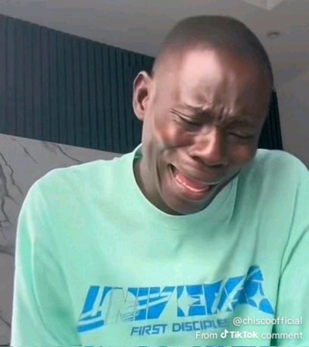 A TikTok screenshot of a person in a teal 'YEEZY FIRST DISCIPLE' t-shirt crying dramatically, sourced from a TikTok comment by @chiscooofficial.