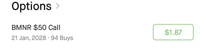 Options listing for BMNR $50 Call expiring 21 Jan, 2028 priced at $1.87 with 94 buys.