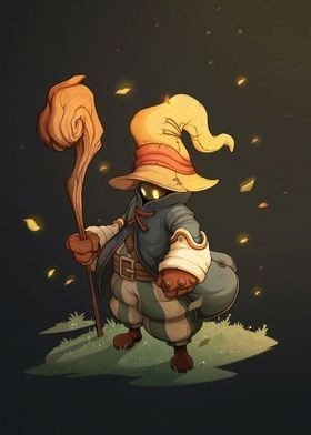 A digital illustration of a small wizard character wearing a yellow pointed hat and robe, holding a wooden staff, with glowing eyes surrounded by floating golden leaves against a dark background.