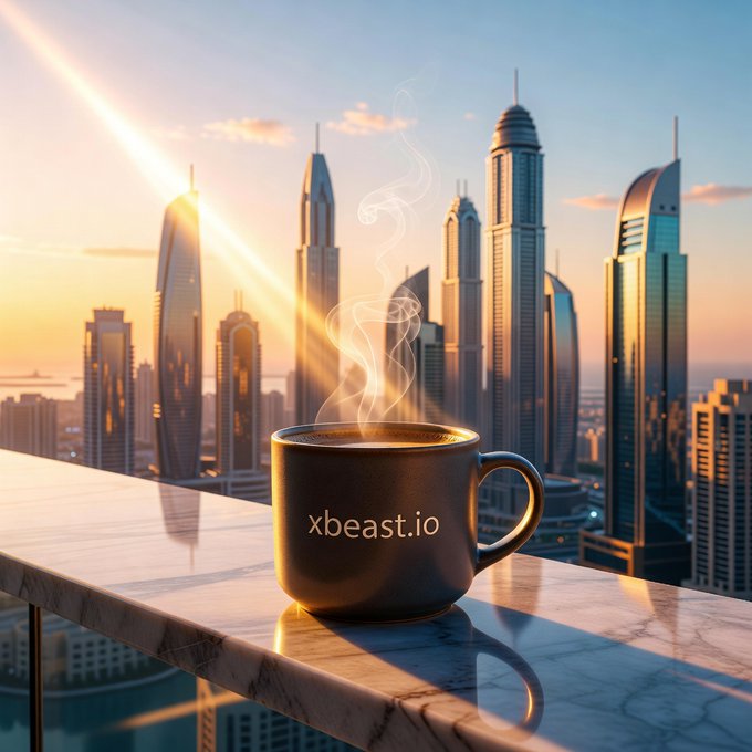 A steaming black coffee mug labeled 'xbeast.io' sits on a marble balcony railing overlooking a modern city skyline with skyscrapers at sunset.