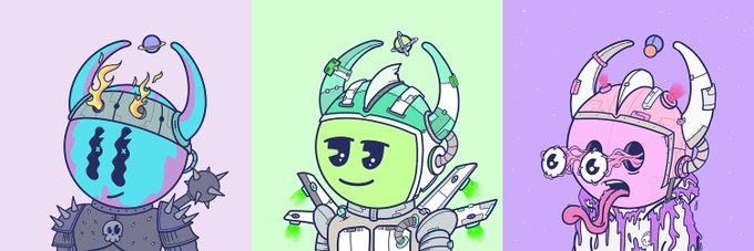 Three cartoonish character illustrations are displayed against pastel pink, green, and purple backgrounds, featuring a knight in dark armor, a green alien-like figure in silver armor, and a pink creature with horns and a long tongue.