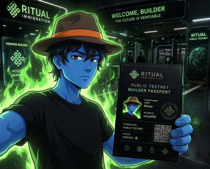 An anime-style blue-skinned character in a fedora holds up a "Ritual Immigration Public Testnet Builder Passport" with the name "Milzan" and ID "milzan993" verified, surrounded by glowing green flames and "Welcome, Builder – The Future Is Verifiable" signage in the background, perfectly illustrating the post's announcement about earning a builder passport to enter Ritual's Public Testnet.