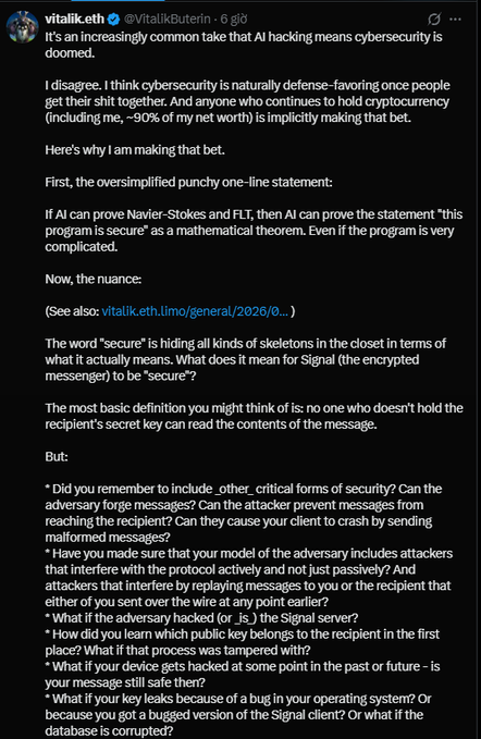 A screenshot of a X post by Vitalik Buterin (@VitalikButerin) arguing that cybersecurity is naturally defense-favoring and discussing the true definition of 'secure' messaging, using Signal as an example.