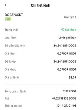 A mobile app order details screen in Vietnamese titled "Chi tiết lệnh" shows a completed buy order for 34.241689 DOGE/USDT at 0.07009 USDT.