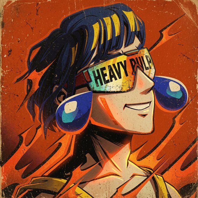 A stylized anime character wearing cracked, colorful visor sunglasses displaying "HEAVY PULP" dominates the image, set against a fiery orange background. The bold illustration visually embodies the $HeavyPulp token featured in the post, with the character's confident smirk reinforcing the poster's hopeful, bullish attitude toward holding their new bag.