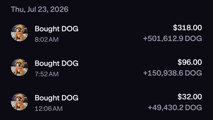 A screenshot of a digital wallet showing three 'Bought DOG' transactions on Thu, Jul 23, 2026, totaling 701,981.7 DOG for $446.00.
