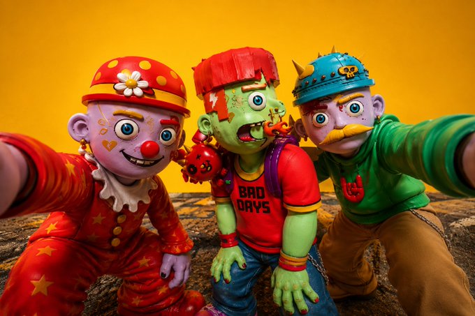 Three stylized monster/clown characters posing for a selfie against a yellow background; the center figure wears a red shirt reading 'BAD DAYS'.