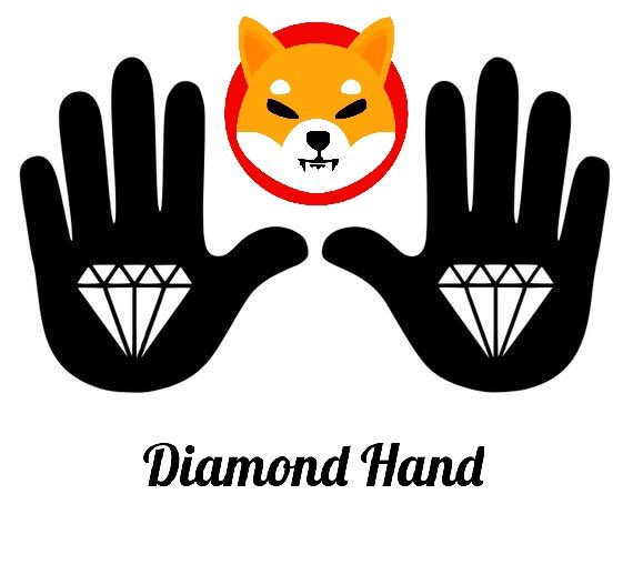 A logo featuring two black hand silhouettes with diamond shapes in their palms, with an orange Shiba Inu dog head in a red circle above, and the text 'Diamond Hand' below.