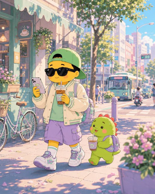An anime-style illustration depicts a yellow character wearing sunglasses and a green cap, holding a phone and an iced coffee, walking alongside a small green dinosaur mascot on a sunny street.