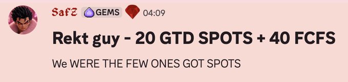 A social media post or chat message from user 'Saf2' featuring a profile picture of an anime character, with the headline 'Rekt guy - 20 GTD SPOTS + 40 FCFS' and subtext 'We WERE THE FEW ONES GOT SPOTS'.