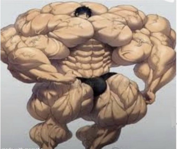 An anime-style illustration of an extremely muscular figure with disproportionately massive bodybuilder physique, with only a small head visible at the top.