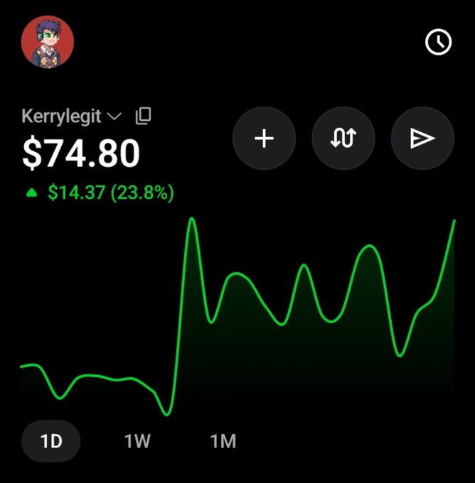 A mobile screenshot of a Robinhood-style investment portfolio showing a position in 'Kerrylegit' valued at $74.80, up $14.37 (23.8%) on a green line chart.