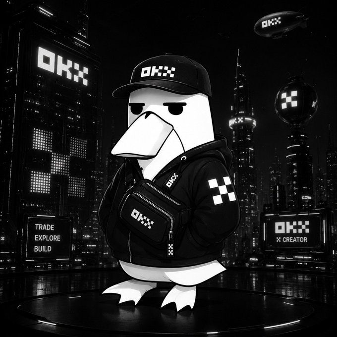 A black-and-white image shows a stylized penguin-like mascot wearing a black hoodie, cap, and crossbody bag—all branded with the "OKX" logo—standing against a neon cityscape featuring billboards displaying "OKX," "OKX CREATOR," and the words "TRADE, EXPLORE, BUILD." The image directly ties to the post, celebrating the creator's official entry into the OKX Creator Program by visually representing the brand's identity and its core pillars of trading, exploration, and building.