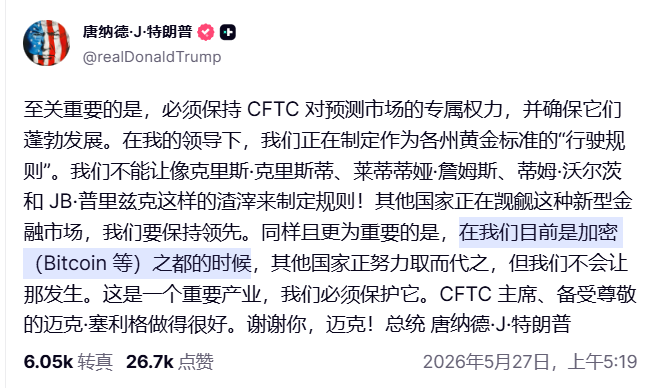 中文源页面中区域名称 = @realDonaldTrump twitter account #bitcoin; native language = Chinese; the post is about a cryptocurrency and its relation with Trump's prediction market of bitcoin.