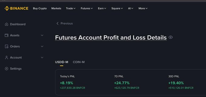 A screenshot of the Binance cryptocurrency exchange showing 'Futures Account Profit and Loss Details' with positive PNL figures: +8.19% Today, +24.77% 7D, and +19.40% 30D.