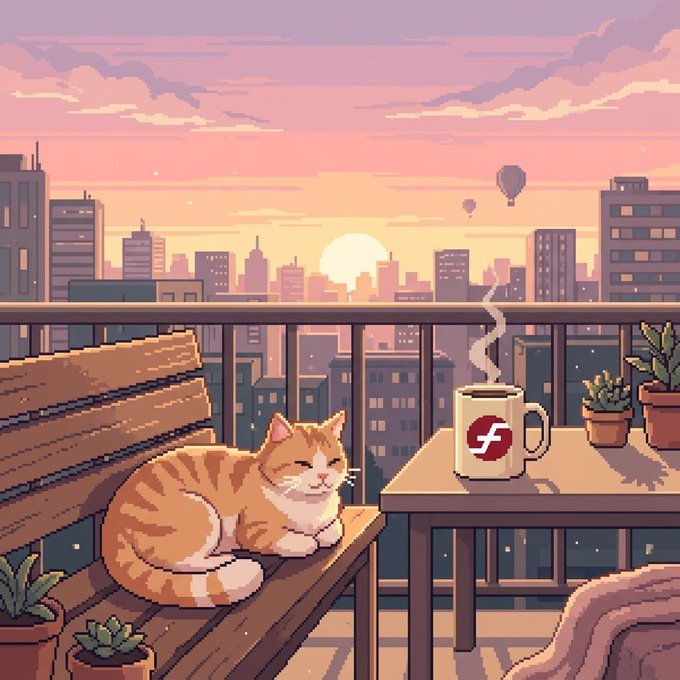 A pixel art scene of a smiling orange tabby cat sitting on a balcony bench at sunset, with a steaming mug, potted plants, and a city skyline with hot air balloons in the background.