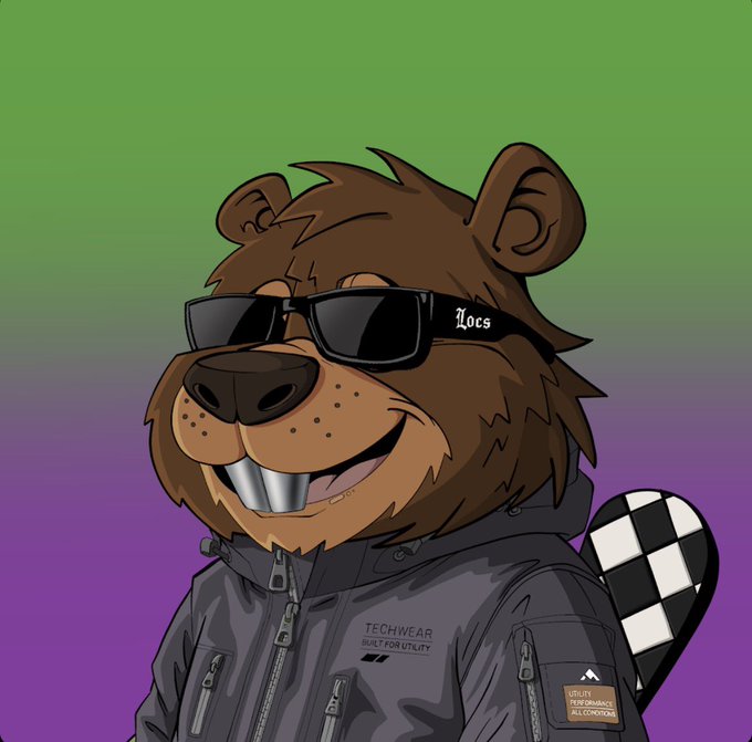 An illustration of a bear character wearing sunglasses labeled 'Locs', a gray techwear jacket reading 'TECHWEAR BUILT FOR UTILITY' and 'UTILITY PERFORMANCE ALL CONDITIONS', with a checkered tail against a green and purple gradient background.