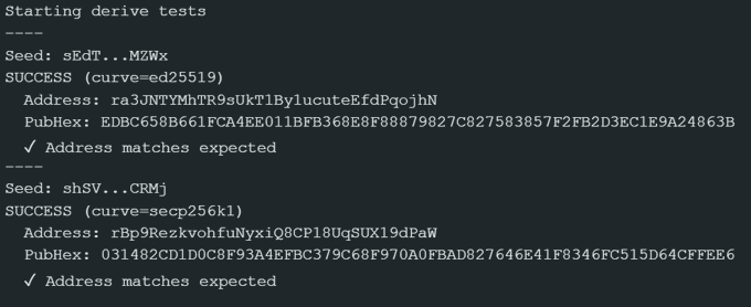 Terminal output showing successful derive tests for cryptocurrency addresses using seeds, with success messages for ed25519 and secp256k1 curves, both confirming addresses match expected values.